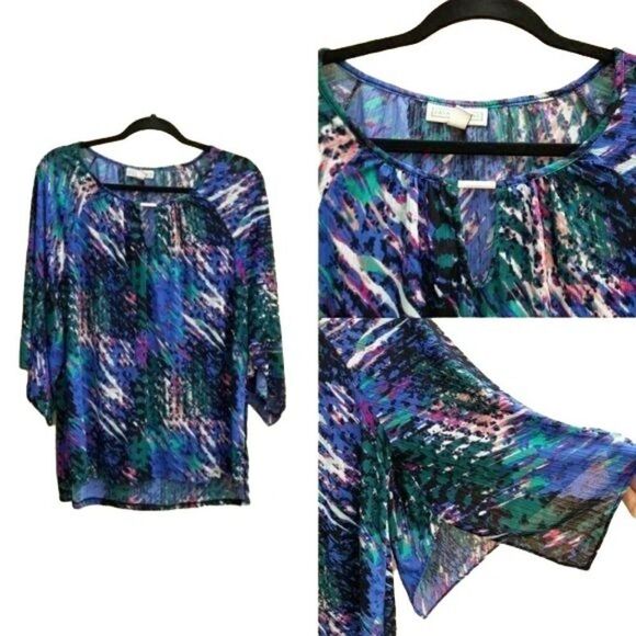 Dana Buchman Blouse Sheer Retro 80's Paint Splatter Split Kimono Sleeve Blue L - Picture 1 of 13